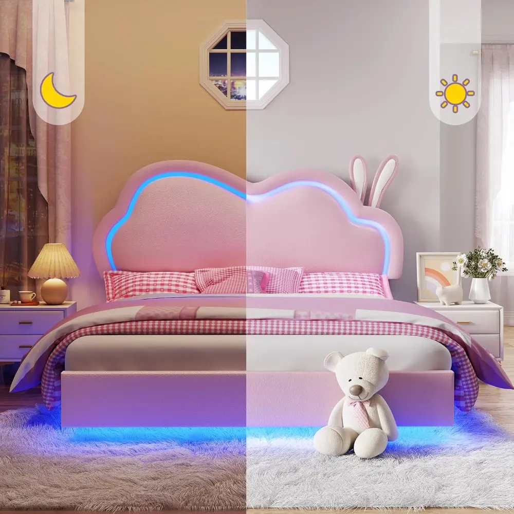 Jocisland LED Full Bed Frame for Girls Upholstered Floating Bed with Cute Cloud Headboard, No Box Spring Needed, Leather, Pink