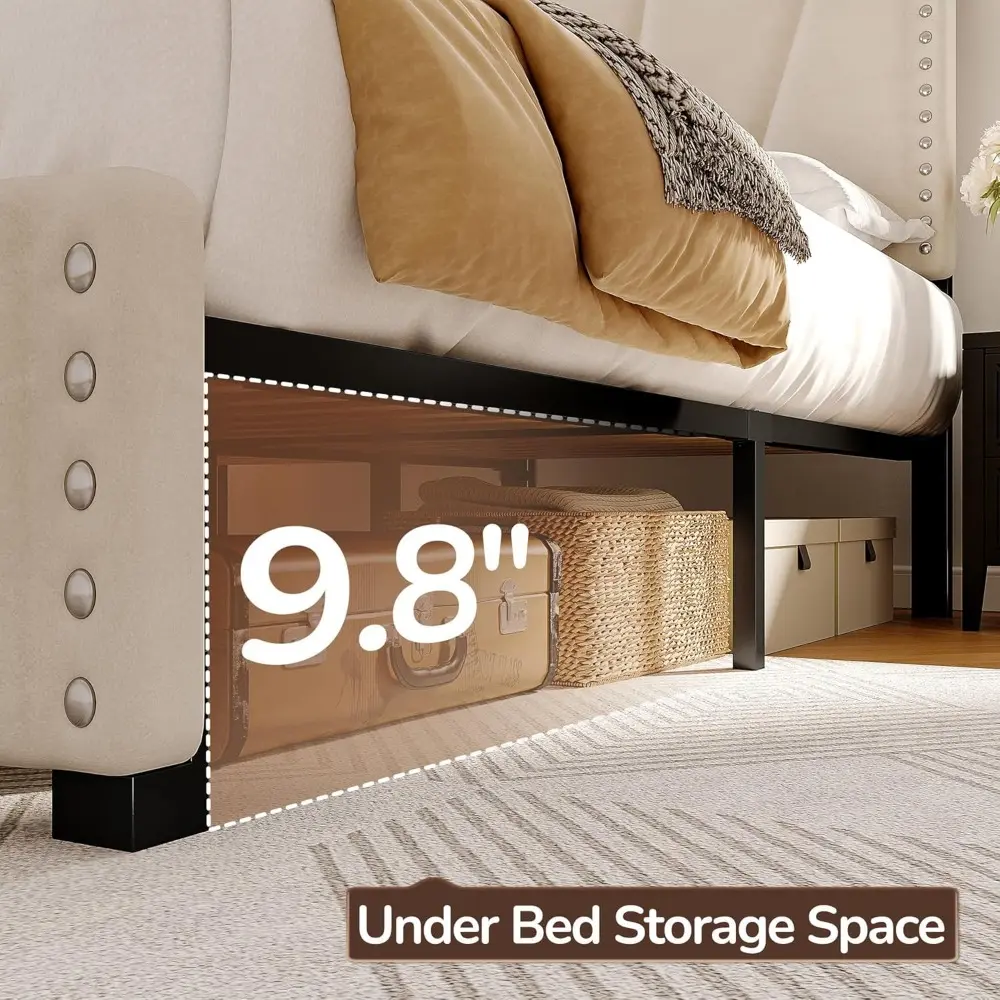 EnHomee King Size Bed Frame with Velvet Headboard and LED Lights， Storage Headboard Platform Bed with Charging Station, Sturdy W