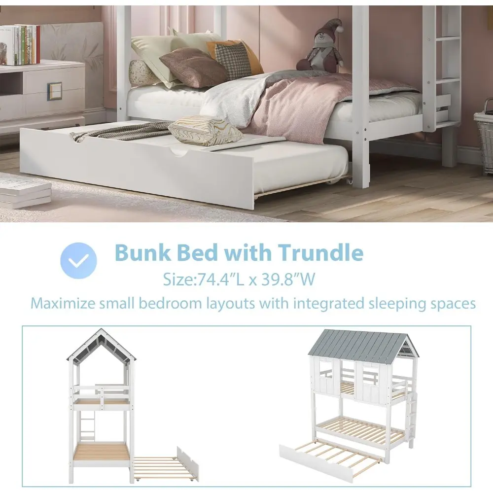 Merax Twin Over Twin Bunk Bed with Trundle,Roof and Windows,House-Shaped Wood Bunk Bed for with Built-in Ladder and Guardrail fo