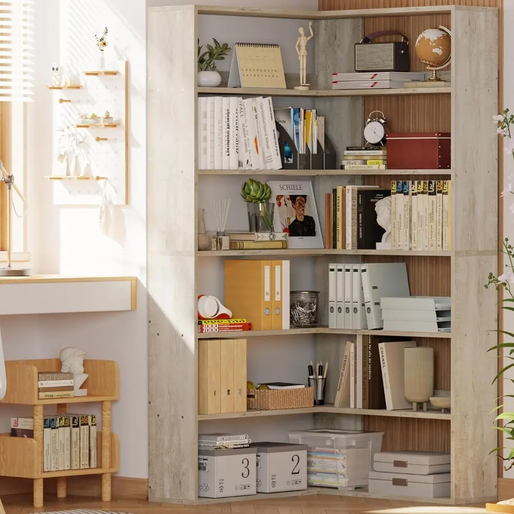 Bookshelves 6 Tiers with Baffles Industrial Large Corner Etagere Bookcase Storage Display Rack for Living Room Home Office
