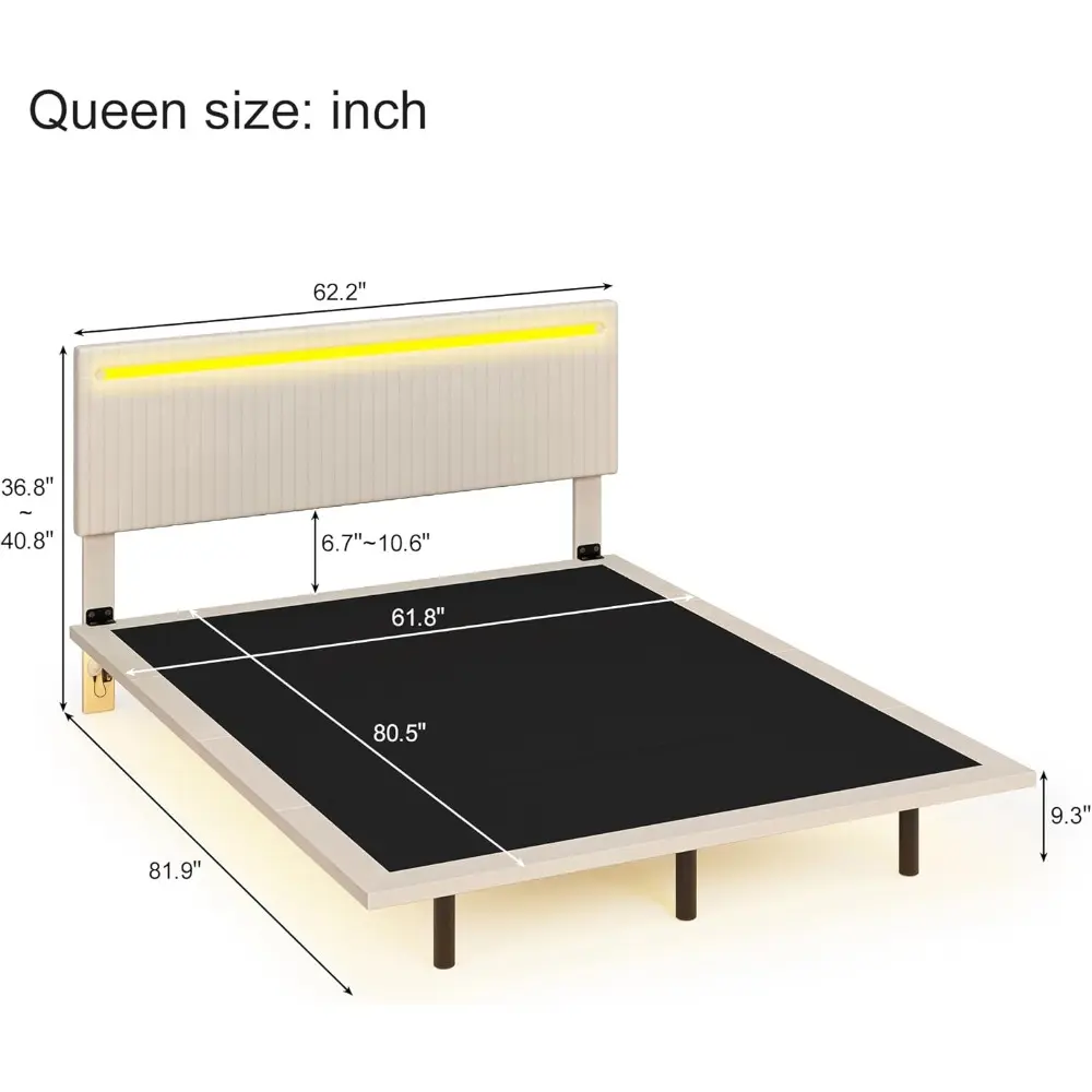 Queen Size Floating Bed Frame with LED Light and Adjustable Headboard, Modern Velvet Upholstered Platform Bed, Large Under Bed S