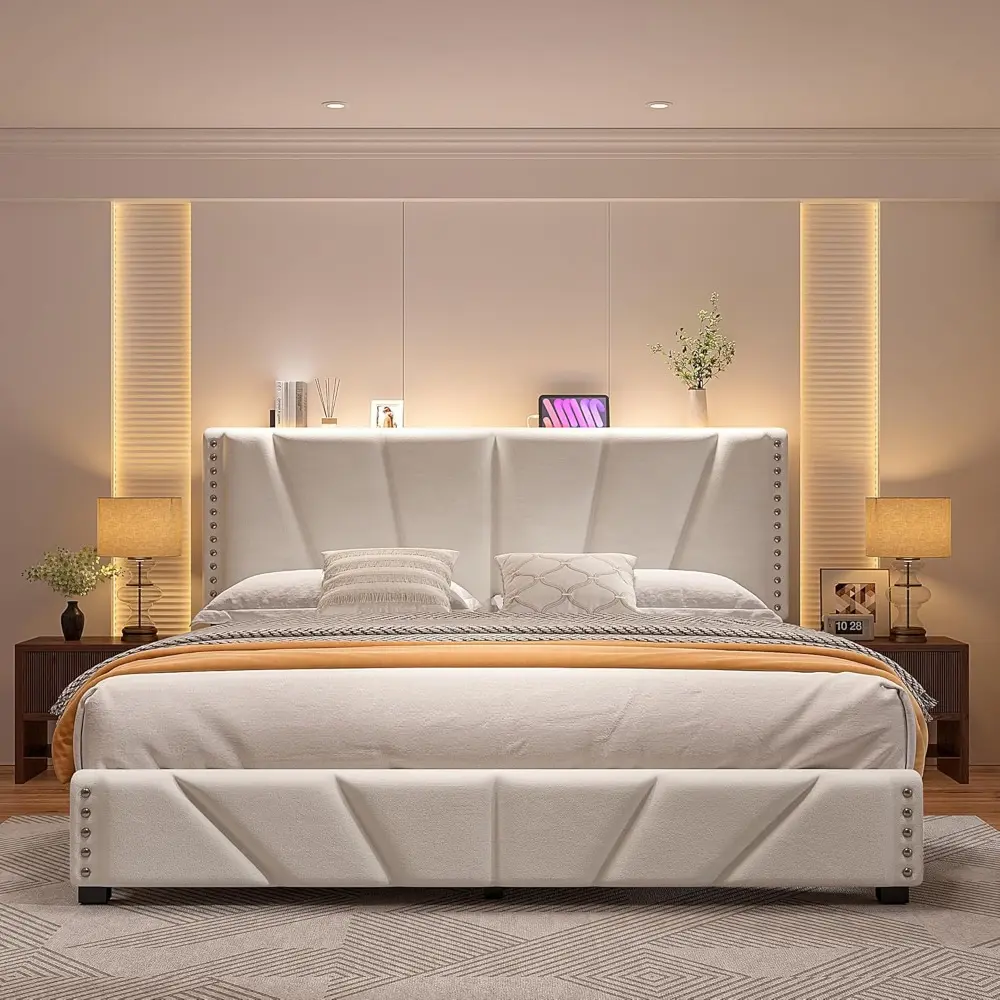 EnHomee King Size Bed Frame with Velvet Headboard and LED Lights， Storage Headboard Platform Bed with Charging Station, Sturdy W