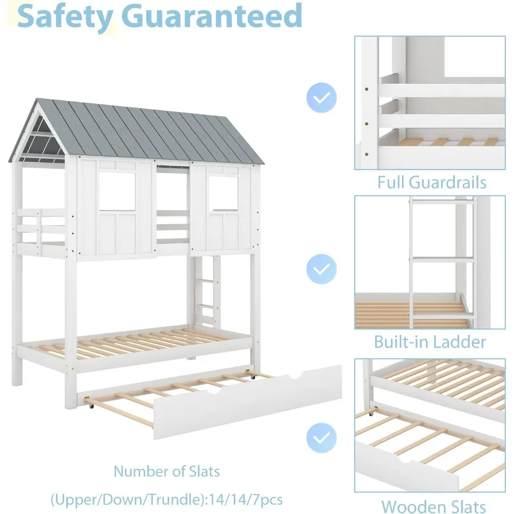 Merax Twin Over Twin Bunk Bed with Trundle,Roof and Windows,House-Shaped Wood Bunk Bed for with Built-in Ladder and Guardrail fo