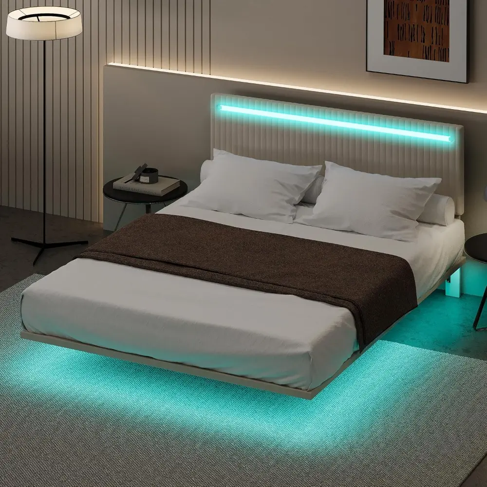 Queen Size Floating Bed Frame with LED Light and Adjustable Headboard, Modern Velvet Upholstered Platform Bed, Large Under Bed S