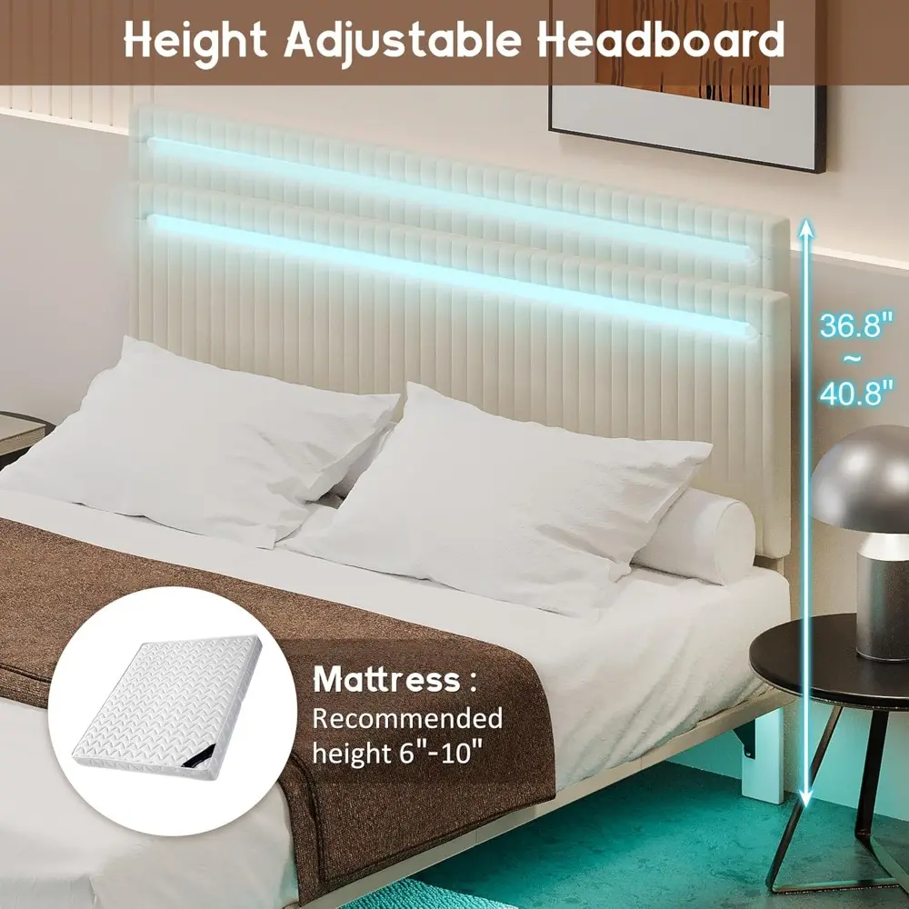 Queen Size Floating Bed Frame with LED Light and Adjustable Headboard, Modern Velvet Upholstered Platform Bed, Large Under Bed S