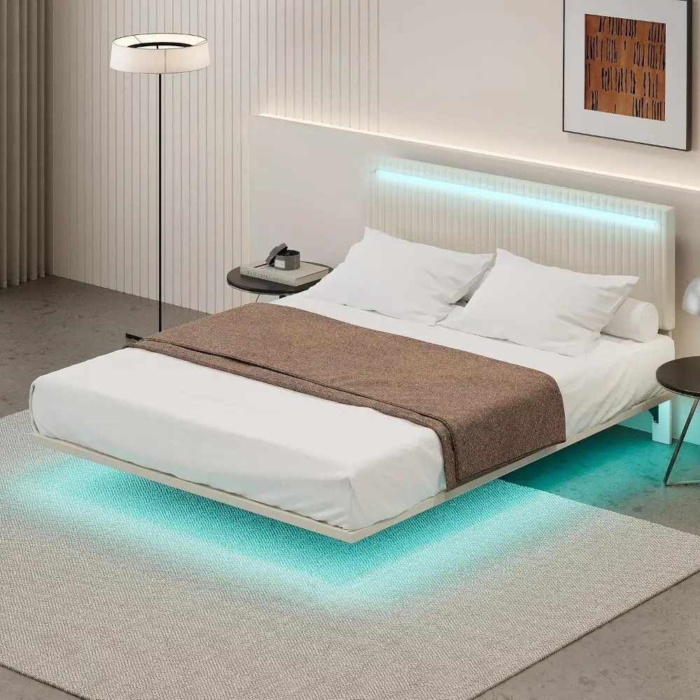Queen Size Floating Bed Frame with LED Light and Adjustable Headboard, Modern Velvet Upholstered Platform Bed, Large Under Bed S