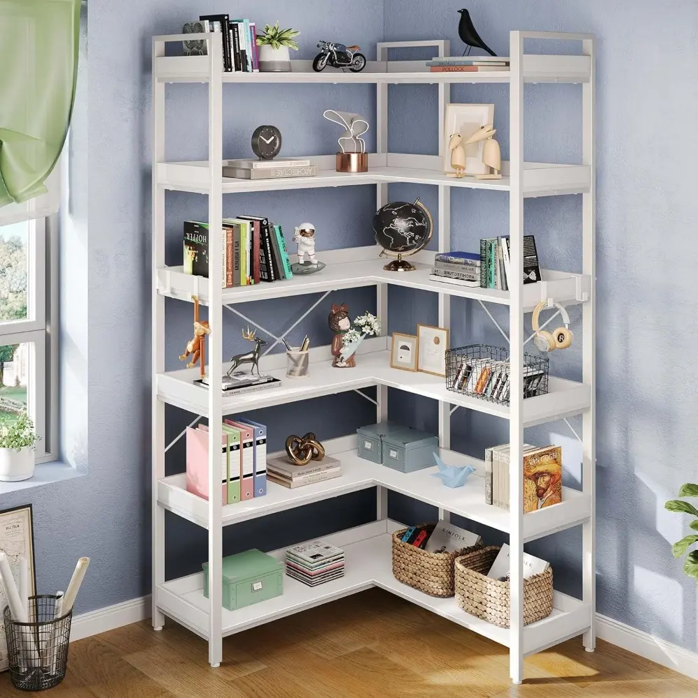 Bookshelf 6 Tier with 4 Hooks, Reversible Corner Bookshelf, 69" Industrial Wooden Bookcase with Open Shelves and Metal Frame fo