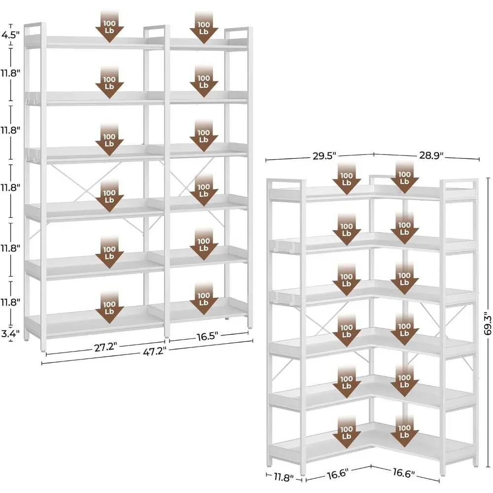 Bookshelf 6 Tier with 4 Hooks, Reversible Corner Bookshelf, 69" Industrial Wooden Bookcase with Open Shelves and Metal Frame fo