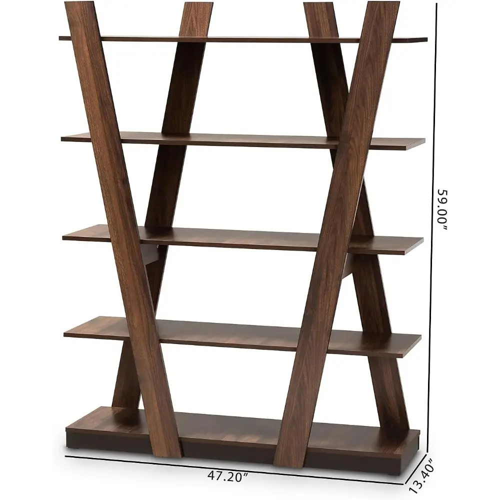 Michio Modern and Contemporary Walnut Brown Finished 5-Tier Wood Geometric Living Room Display Shelf
