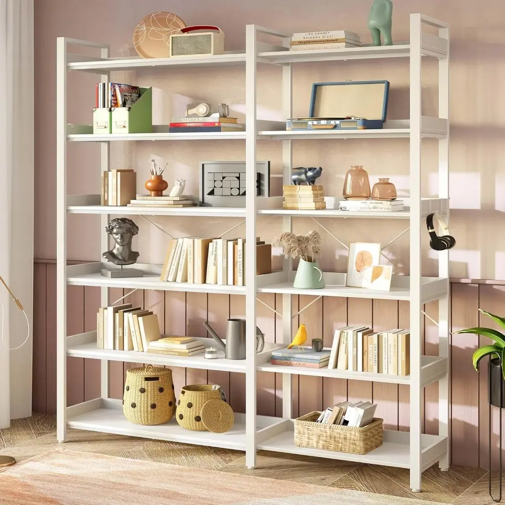Bookshelf 6 Tier with 4 Hooks, Reversible Corner Bookshelf, 69" Industrial Wooden Bookcase with Open Shelves and Metal Frame fo