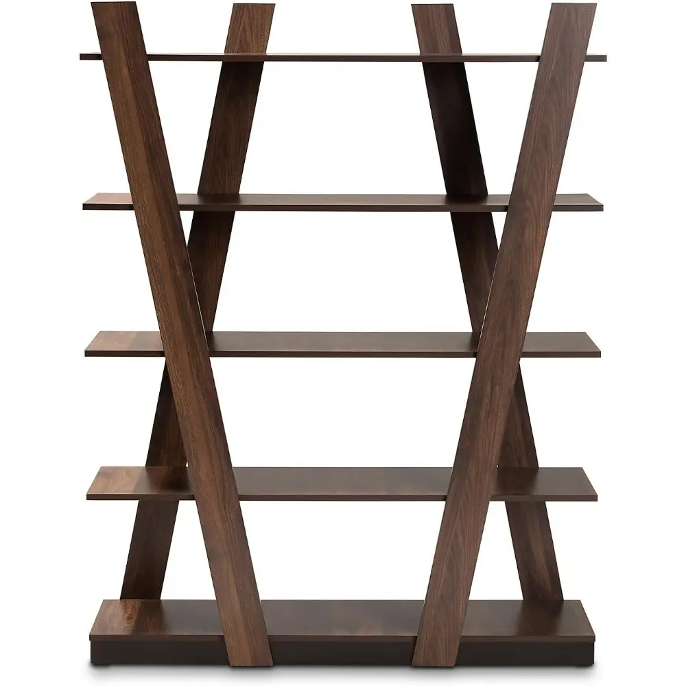 Michio Modern and Contemporary Walnut Brown Finished 5-Tier Wood Geometric Living Room Display Shelf