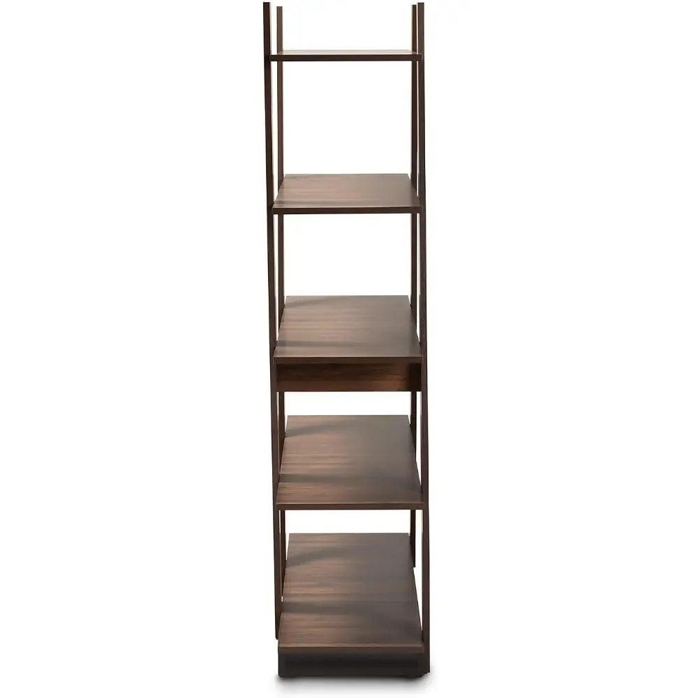 Michio Modern and Contemporary Walnut Brown Finished 5-Tier Wood Geometric Living Room Display Shelf