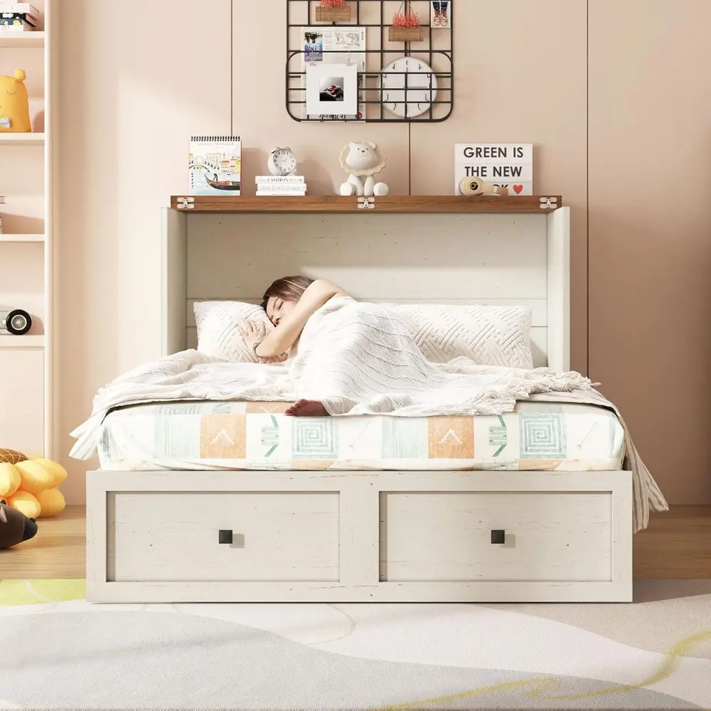 AMERLIFE Full Murphy Bed with Storage & Charging Station, Farmhouse Murphy Cabinet with Foldable Panel, Noisy Free, for Guest Be