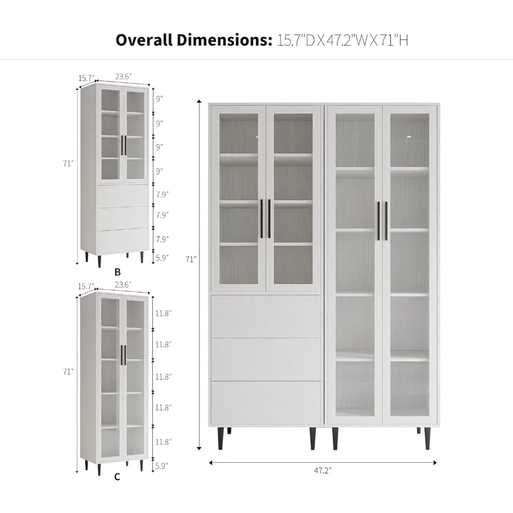 2 PCS Bookcase, 5-Tier Modern Bookshelf with 3 Large Drawers, Modern Large Storage Display Cabinet Set for Home Office, Living