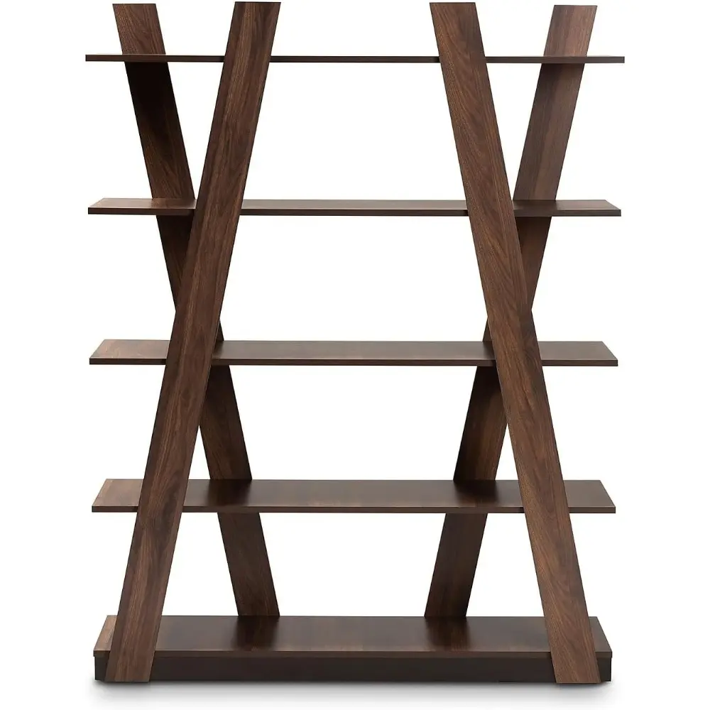 Michio Modern and Contemporary Walnut Brown Finished 5-Tier Wood Geometric Living Room Display Shelf