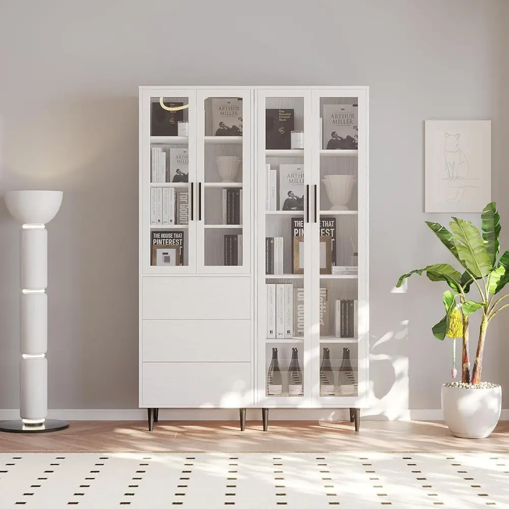 2 PCS Bookcase, 5-Tier Modern Bookshelf with 3 Large Drawers, Modern Large Storage Display Cabinet Set for Home Office, Living