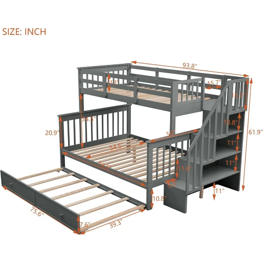 Harper & Bright Designs Twin Over Full Bunk Bed, Wooden Bunk Bed Frame Twin Over Full with Trundle and Storage Shelves, Twin Ove