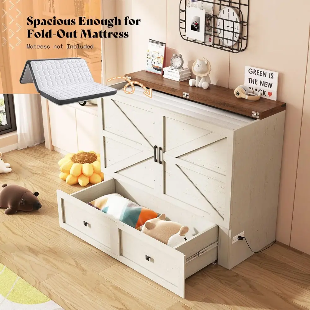 AMERLIFE Full Murphy Bed with Storage & Charging Station, Farmhouse Murphy Cabinet with Foldable Panel, Noisy Free, for Guest Be