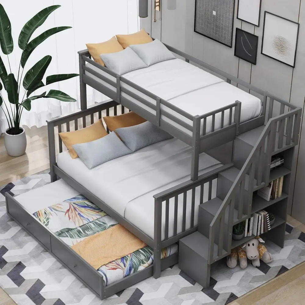Harper & Bright Designs Twin Over Full Bunk Bed, Wooden Bunk Bed Frame Twin Over Full with Trundle and Storage Shelves, Twin Ove