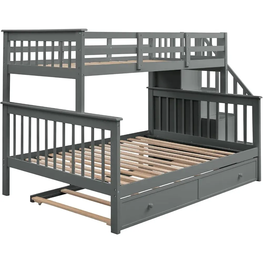 Harper & Bright Designs Twin Over Full Bunk Bed, Wooden Bunk Bed Frame Twin Over Full with Trundle and Storage Shelves, Twin Ove