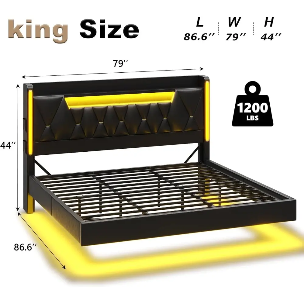 King Size Bed Frame with Storage Headboard, Floating Bed with LED Lights & Charging Station, Floating King Frame Including 4 Soc