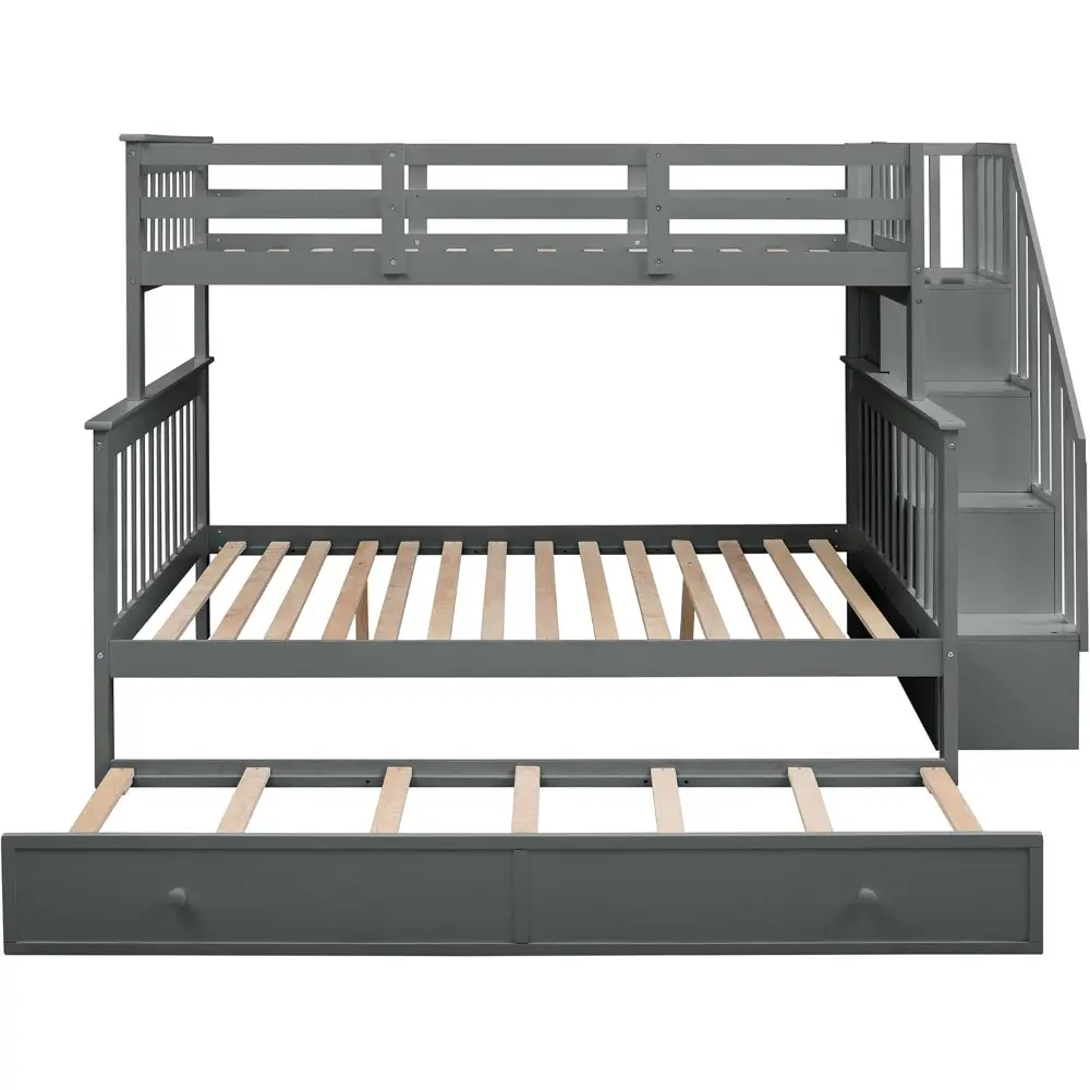 Harper & Bright Designs Twin Over Full Bunk Bed, Wooden Bunk Bed Frame Twin Over Full with Trundle and Storage Shelves, Twin Ove