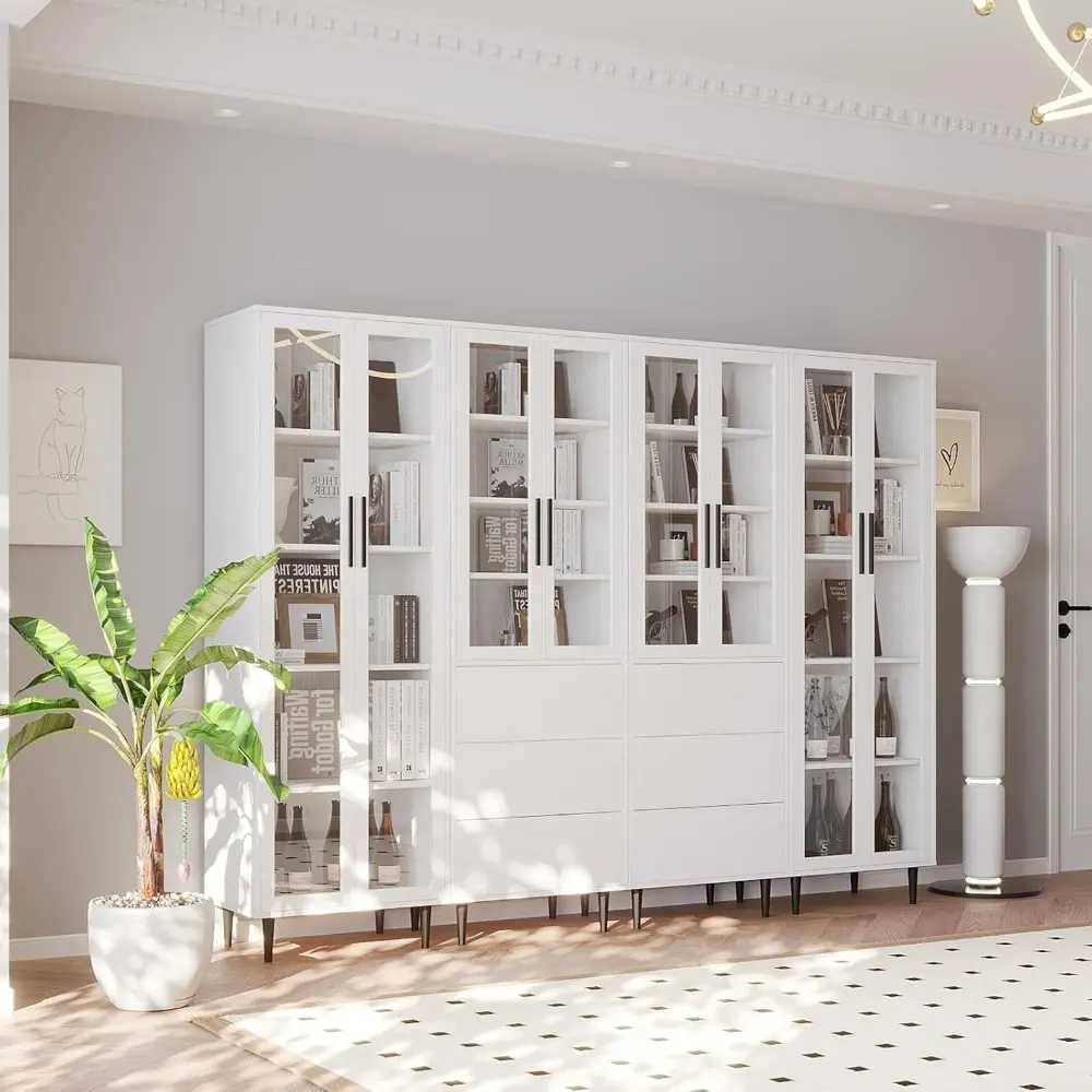 2 PCS Bookcase, 5-Tier Modern Bookshelf with 3 Large Drawers, Modern Large Storage Display Cabinet Set for Home Office, Living