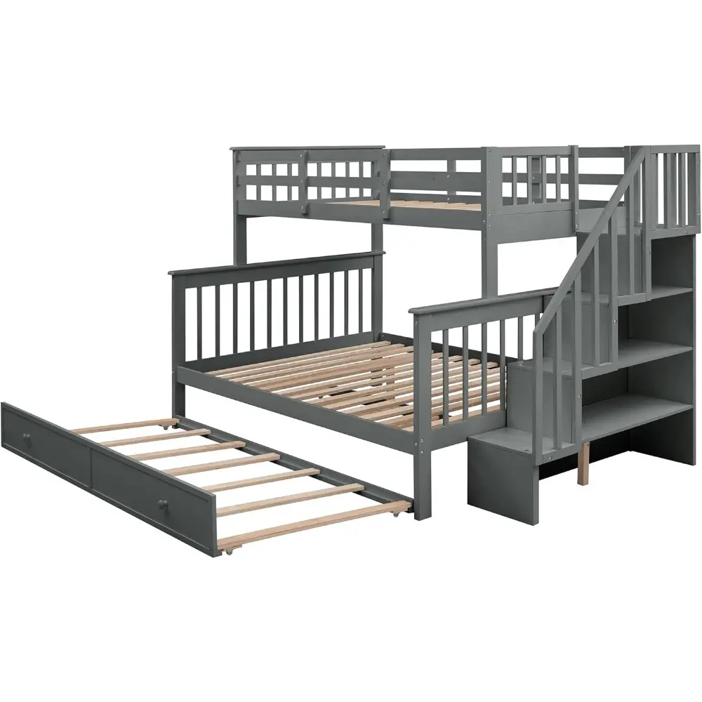 Harper & Bright Designs Twin Over Full Bunk Bed, Wooden Bunk Bed Frame Twin Over Full with Trundle and Storage Shelves, Twin Ove