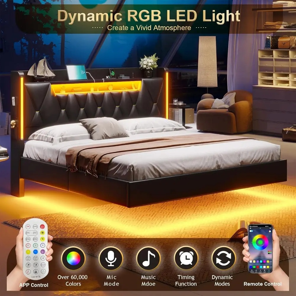 King Size Bed Frame with Storage Headboard, Floating Bed with LED Lights & Charging Station, Floating King Frame Including 4 Soc