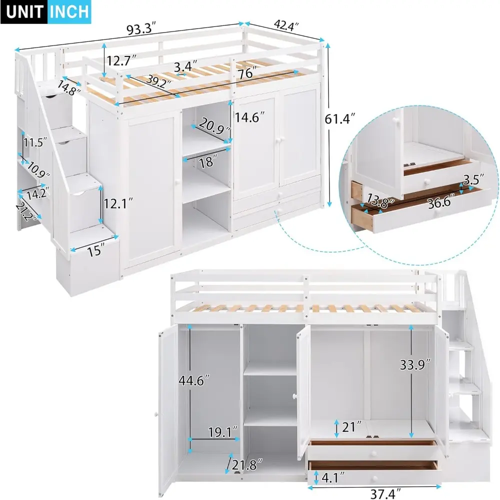 Bellemave Twin Size Loft Bed with Stairs, Wood Loft Bed with Storage, Functional Loft Bed with 3 Shelves, 2 Wardrobes and 2 Draw