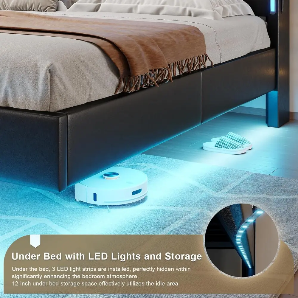King Size Bed Frame with Storage Headboard, Floating Bed with LED Lights & Charging Station, Floating King Frame Including 4 Soc