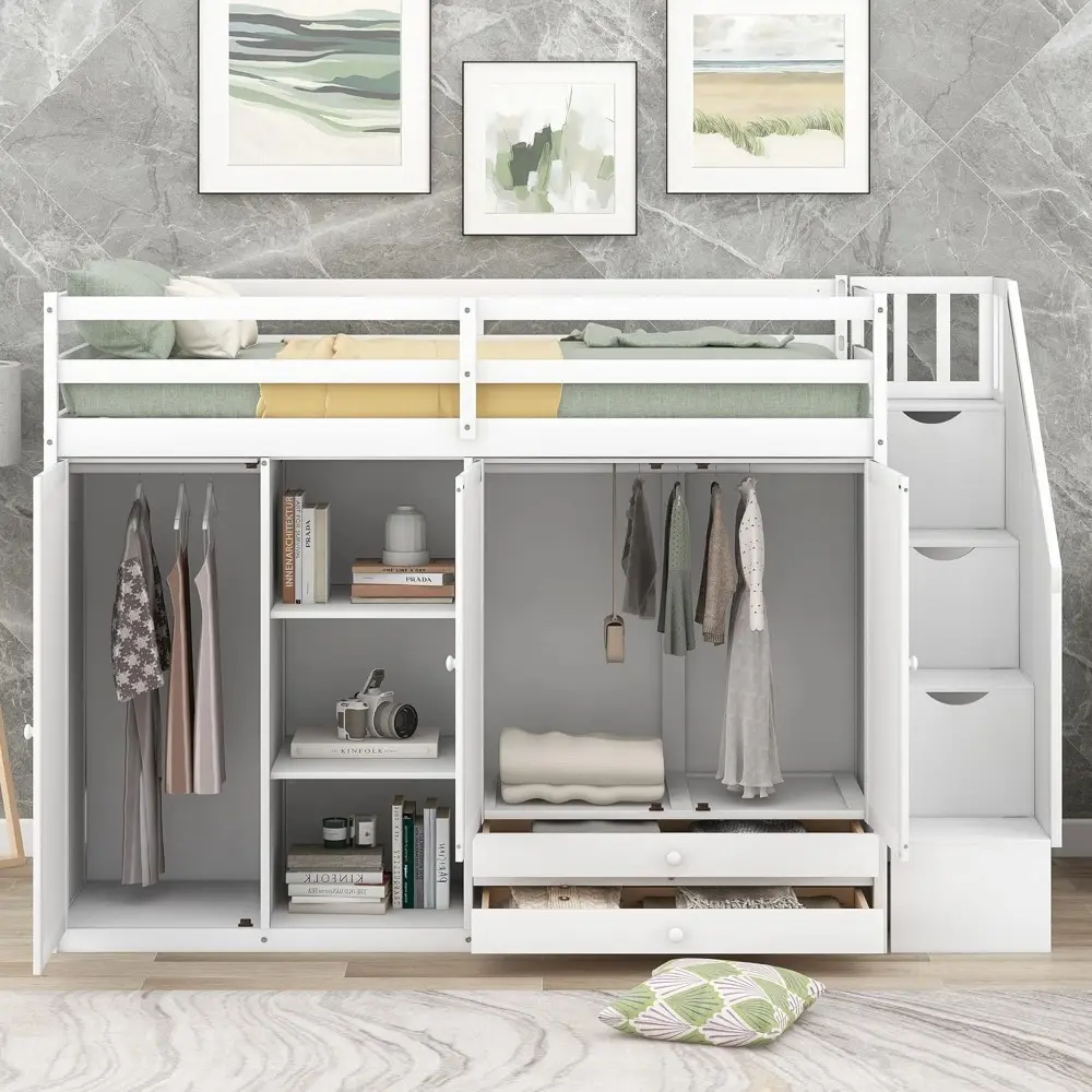 Bellemave Twin Size Loft Bed with Stairs, Wood Loft Bed with Storage, Functional Loft Bed with 3 Shelves, 2 Wardrobes and 2 Draw