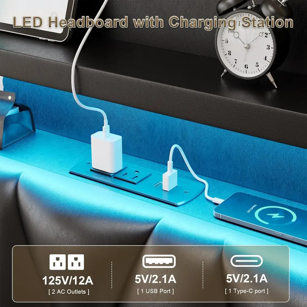 King Size Bed Frame with Storage Headboard, Floating Bed with LED Lights & Charging Station, Floating King Frame Including 4 Soc