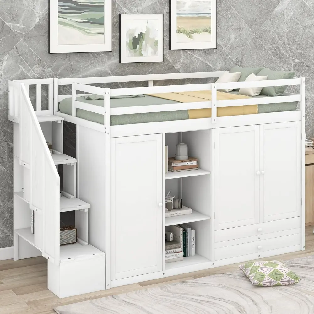 Bellemave Twin Size Loft Bed with Stairs, Wood Loft Bed with Storage, Functional Loft Bed with 3 Shelves, 2 Wardrobes and 2 Draw