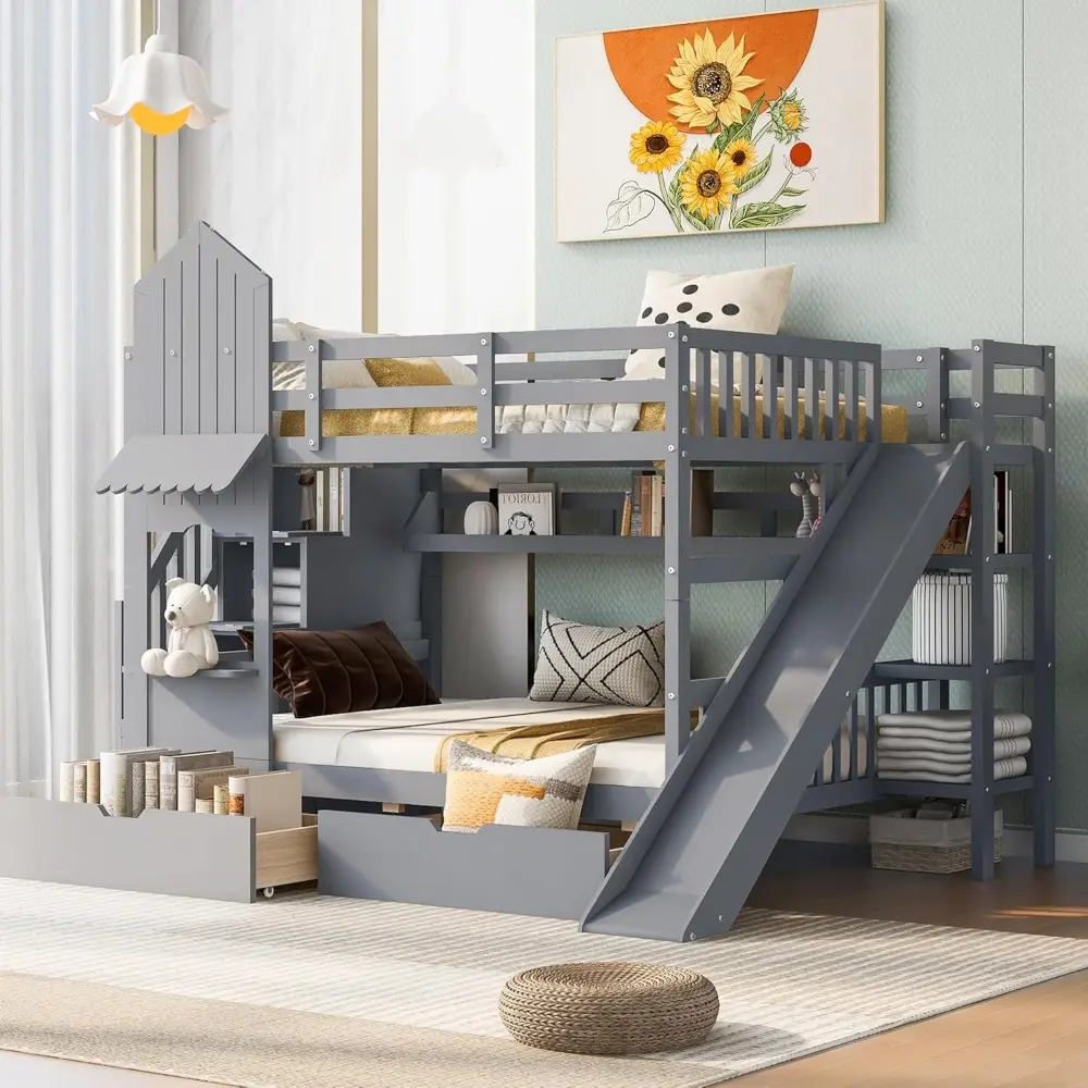 Merax Full Over Full Bunk Bed with 2 Drawers and 3 Shelves, Castle Style Solid Wood Bunk Bed Frame with Slide and Storage Stairc