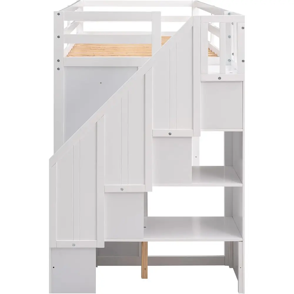 Bellemave Twin Size Loft Bed with Stairs, Wood Loft Bed with Storage, Functional Loft Bed with 3 Shelves, 2 Wardrobes and 2 Draw