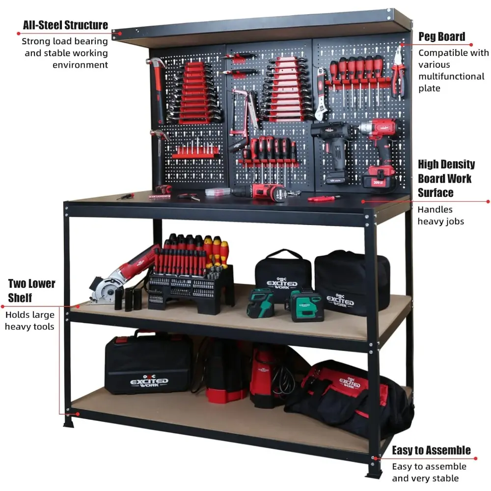 47 inch Multipurpose Workbench with Pegboard, Double Storage Platform and Tool Organizer for Garage Workshop