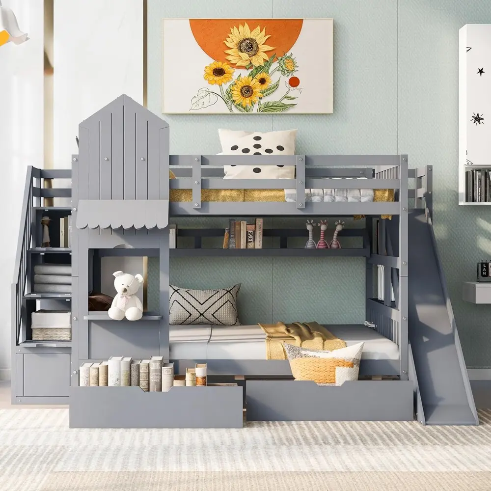 Merax Full Over Full Bunk Bed with 2 Drawers and 3 Shelves, Castle Style Solid Wood Bunk Bed Frame with Slide and Storage Stairc