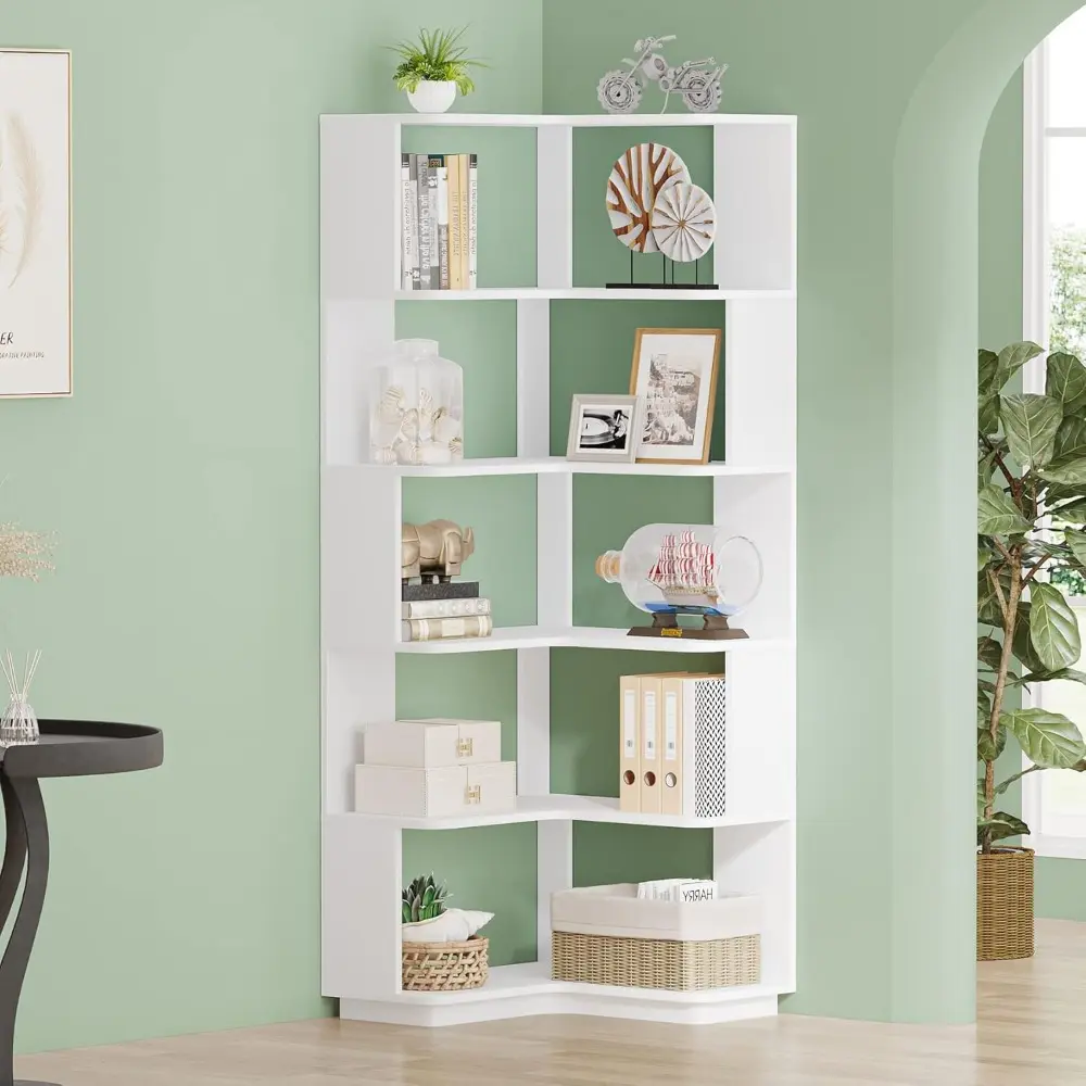 6-Tier Corner Bookshelf, 64.9 Inches Tall Corner Bookcase with Anti-Drop Panel, Modern Freestanding Shelf Display Rack Storage