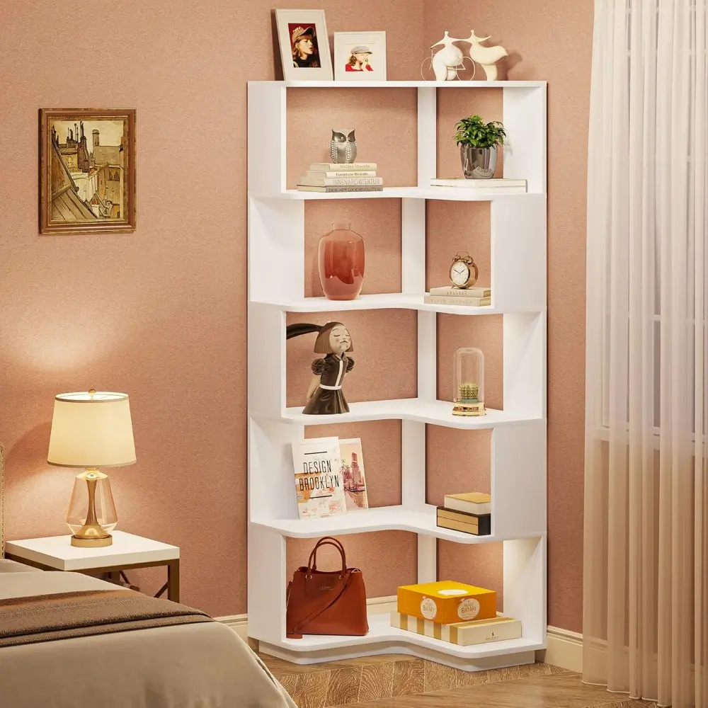 6-Tier Corner Bookshelf, 64.9 Inches Tall Corner Bookcase with Anti-Drop Panel, Modern Freestanding Shelf Display Rack Storage