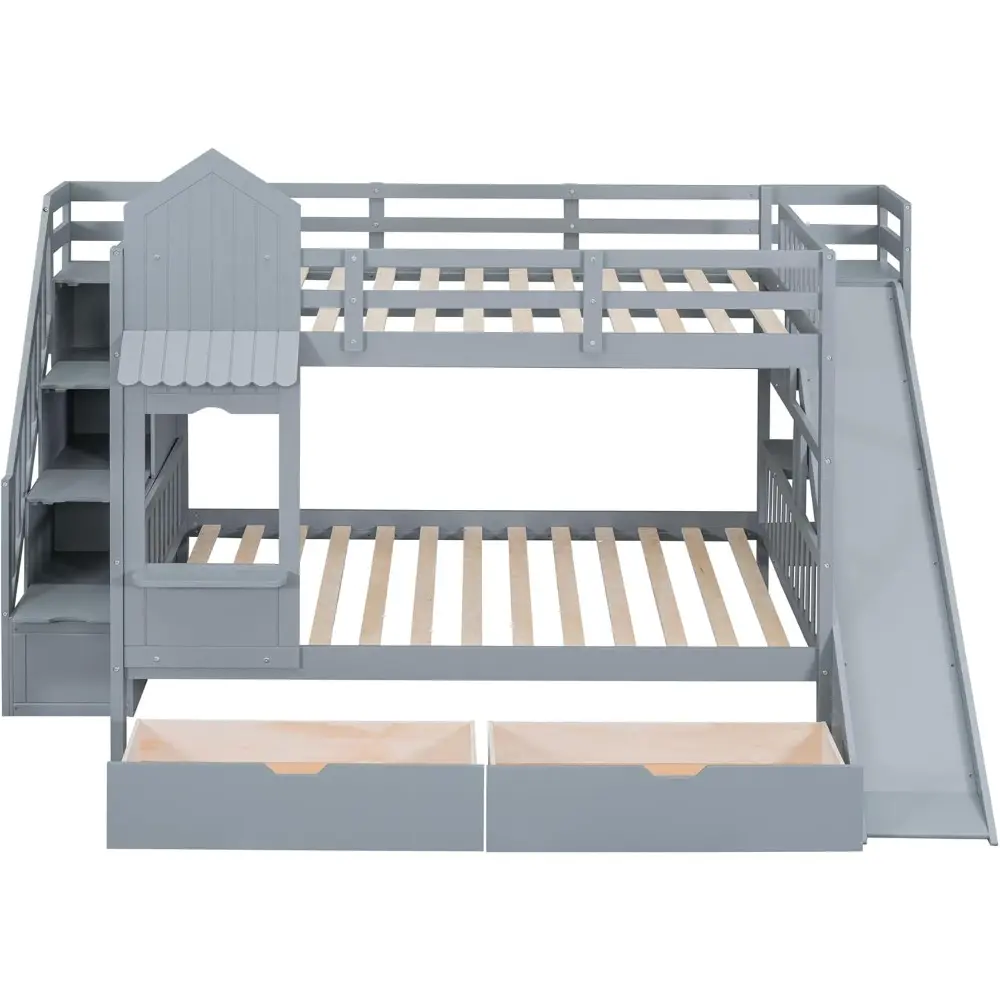 Merax Full Over Full Bunk Bed with 2 Drawers and 3 Shelves, Castle Style Solid Wood Bunk Bed Frame with Slide and Storage Stairc