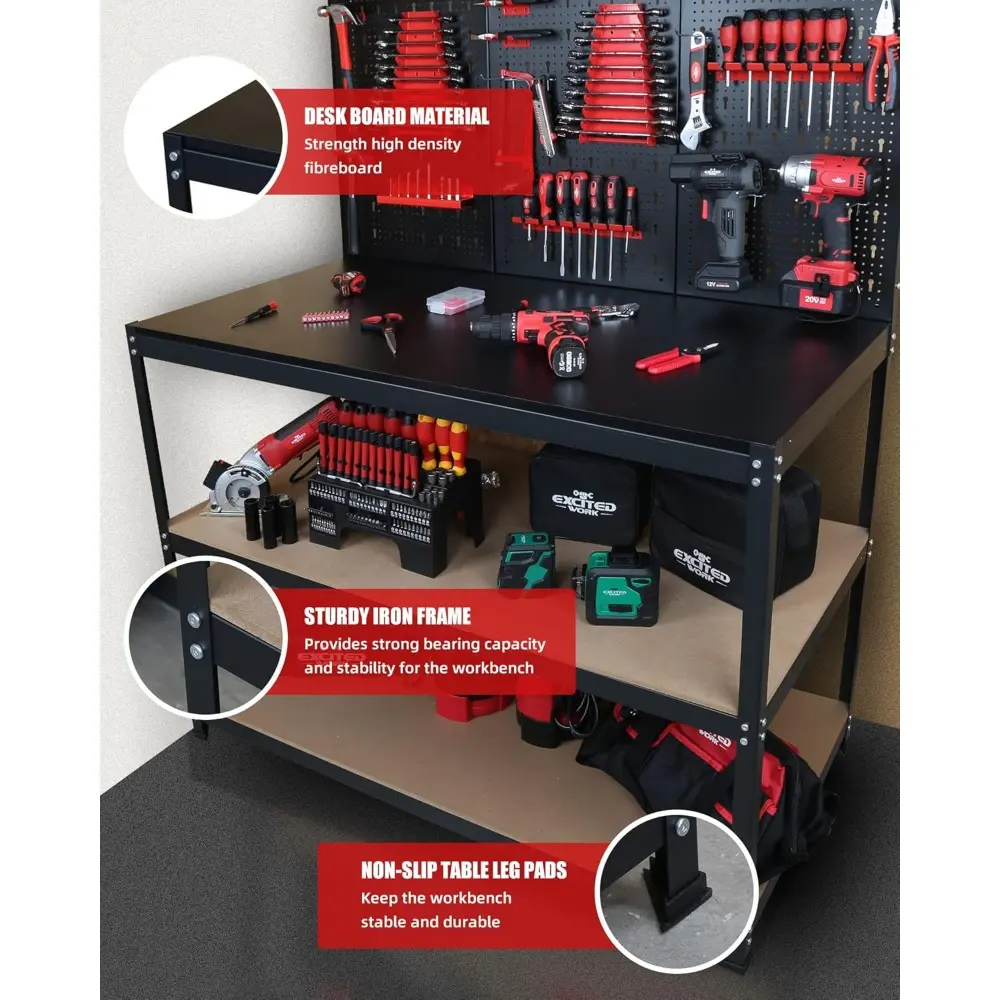 47 inch Multipurpose Workbench with Pegboard, Double Storage Platform and Tool Organizer for Garage Workshop