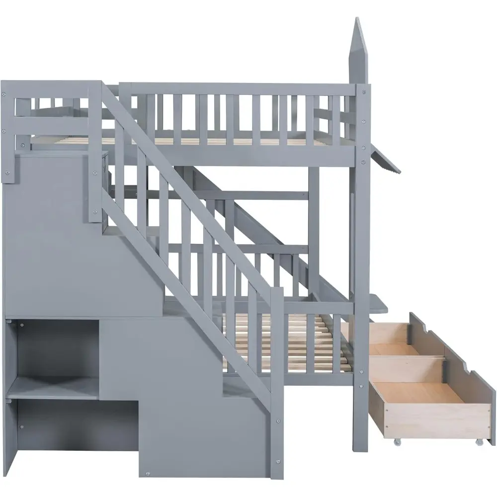 Merax Full Over Full Bunk Bed with 2 Drawers and 3 Shelves, Castle Style Solid Wood Bunk Bed Frame with Slide and Storage Stairc