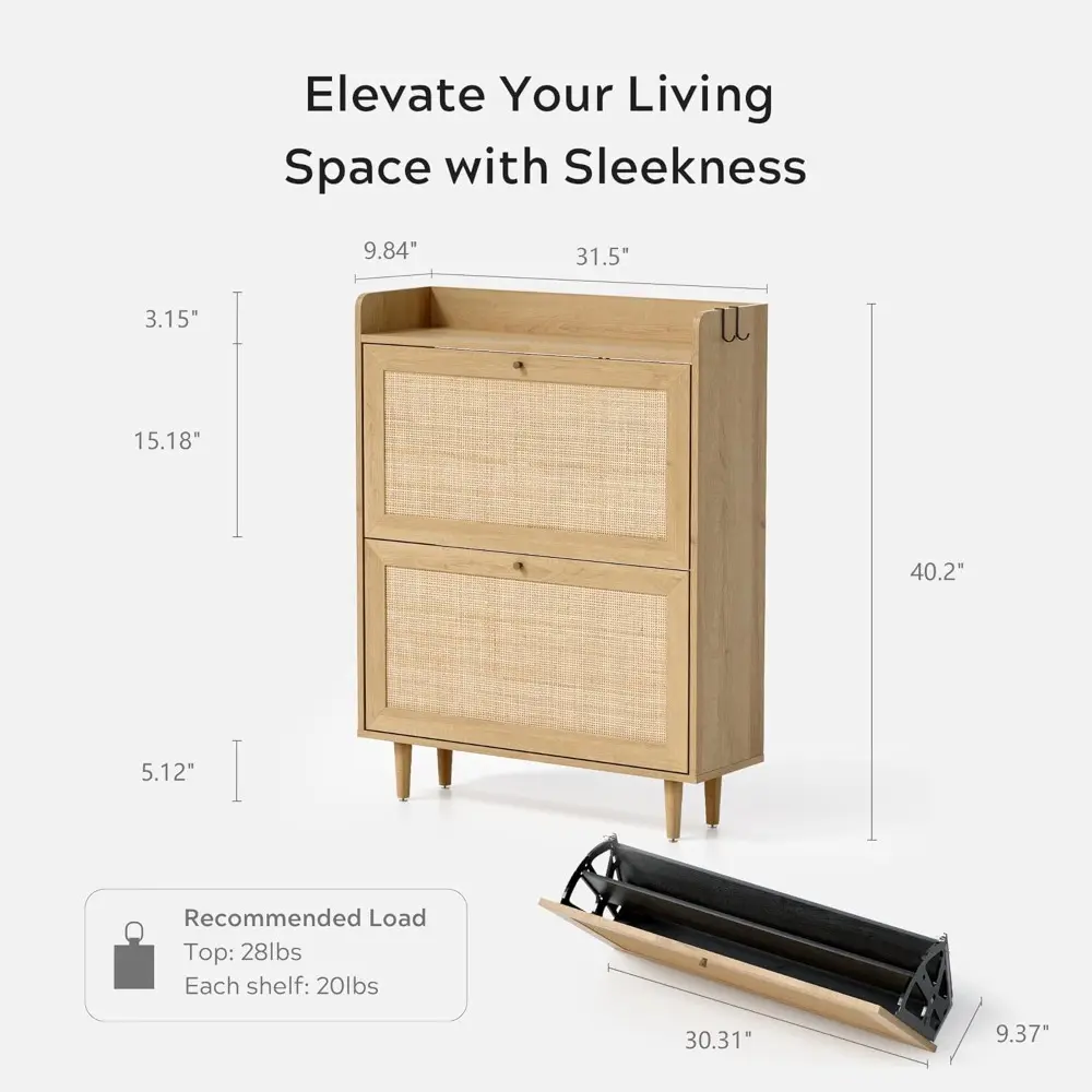 Rattan Shoe Cabinet with 2 Flip Drawers, Mid Century Modern Shoe Organizer, Boho Wooden Hidden Slim Narrow Shoe Rack Cabinet for