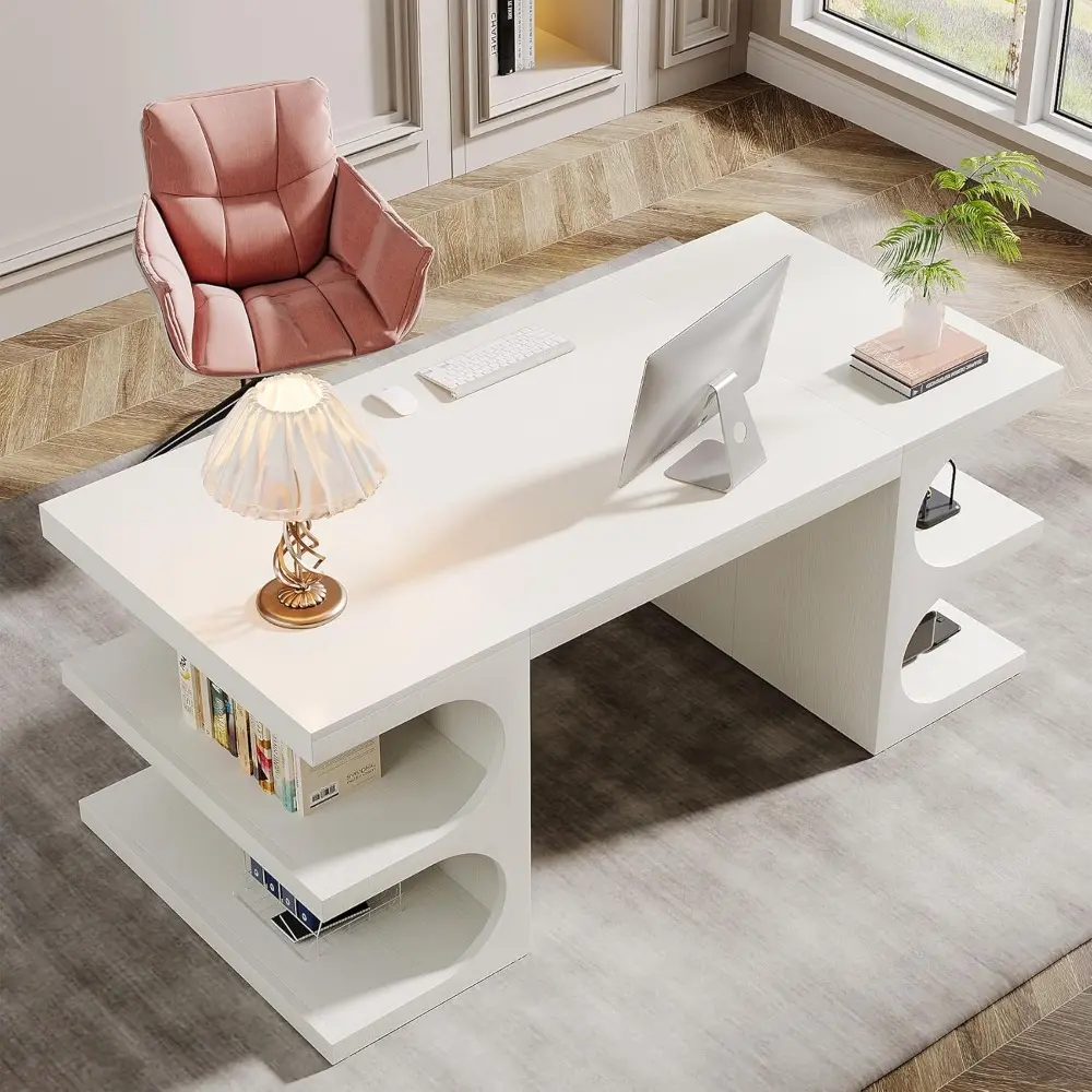 62" Executive Office Desk, Large Computer Desk with Storage Shelves, Modern Wood Writing Desk Study Table, Workstation Desk Bus