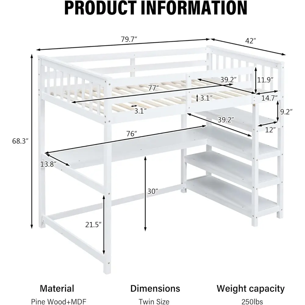 Merax Wood Loft Bed with Desk : Twin Size Loft Bed with 4-Storage Shelves and Under-Bed Desk Solid Wood Bed, White