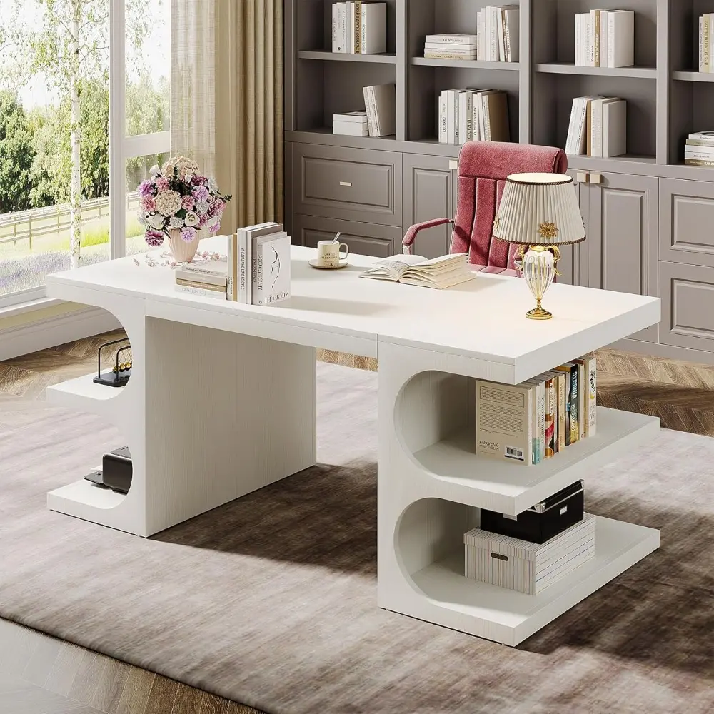 62" Executive Office Desk, Large Computer Desk with Storage Shelves, Modern Wood Writing Desk Study Table, Workstation Desk Bus