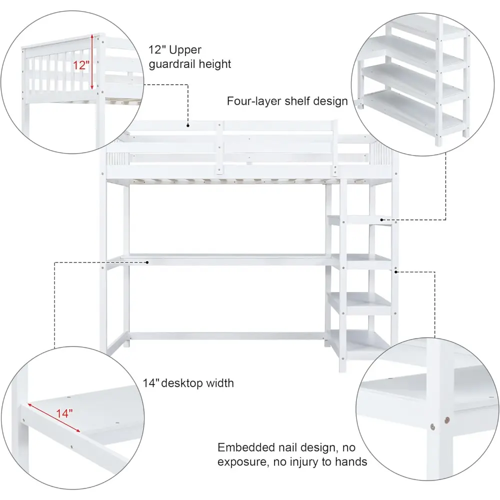 Merax Wood Loft Bed with Desk : Twin Size Loft Bed with 4-Storage Shelves and Under-Bed Desk Solid Wood Bed, White