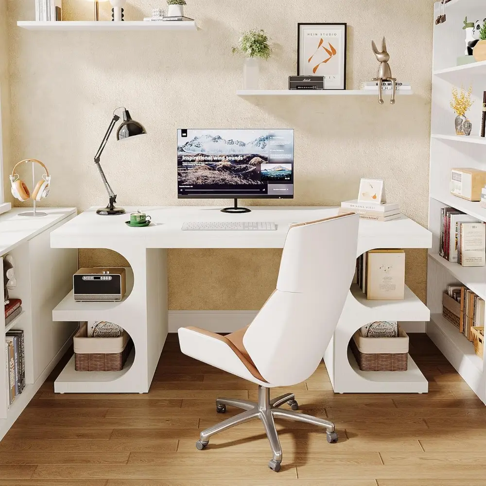 62" Executive Office Desk, Large Computer Desk with Storage Shelves, Modern Wood Writing Desk Study Table, Workstation Desk Bus