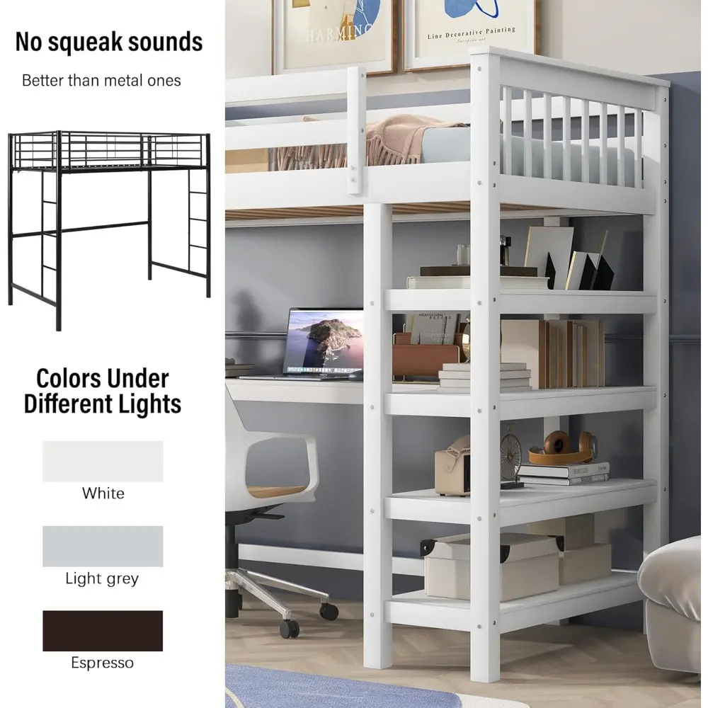 Merax Wood Loft Bed with Desk : Twin Size Loft Bed with 4-Storage Shelves and Under-Bed Desk Solid Wood Bed, White